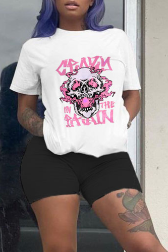 Black Casual Print Skull O Neck Short Sleeve Two Pieces
