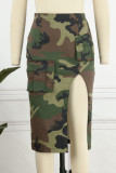 Camouflage-Street-Print Camouflage-Print-Patchwork-Taschenschlitz mit hoher Taille, gerade, voll bedruckte Unterteile