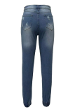 Blue Casual Patchwork Ripped High Waist Harlan Denim Jeans