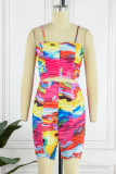 Multicolor Sexy Casual Print Backless Spaghetti Strap Sleeveless Two Pieces