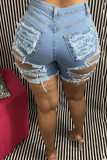 Baby Blue Sexy Street Solid Ripped Make Old Patchwork Short en jean taille haute