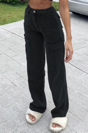 Black Casual High Waist Straight Leg Cargo Denim Jeans