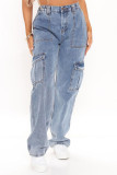 Deep Blue Casual Street Solid Patchwork Pocket High Waist Cargo Denim Jeans