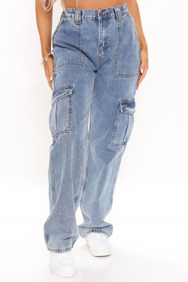 Lichtblauwe casual street solid patchwork jeans met zak en hoge taille