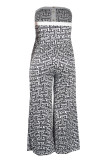 Zwart wit sexy casual print patchwork backless strapless plus size jumpsuits