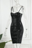 Zwarte sexy effen pailletten patchwork doorschijnende spaghettibandjes jurk jurken