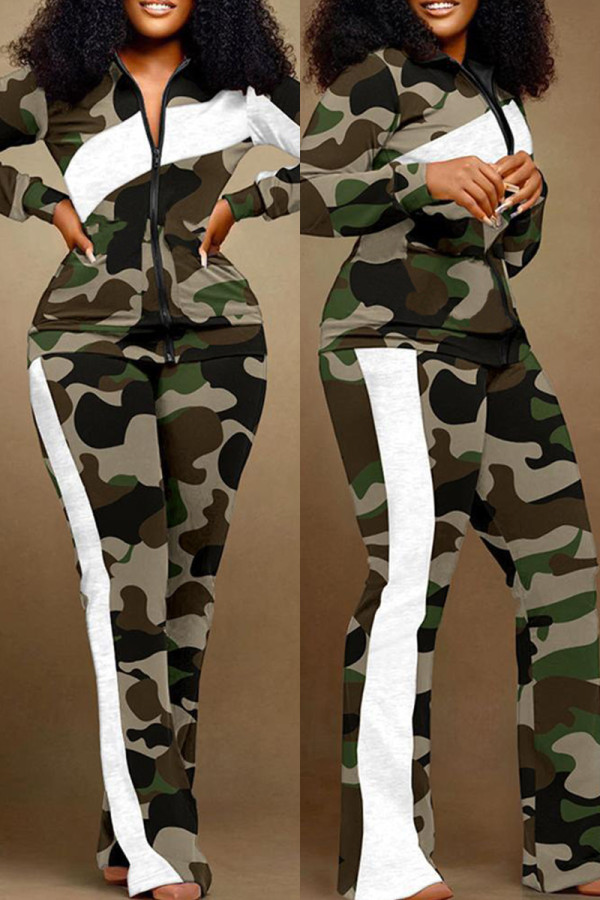 Camouflage Casual Print Patchwork Zipper Collar Plus Size Zweiteiler