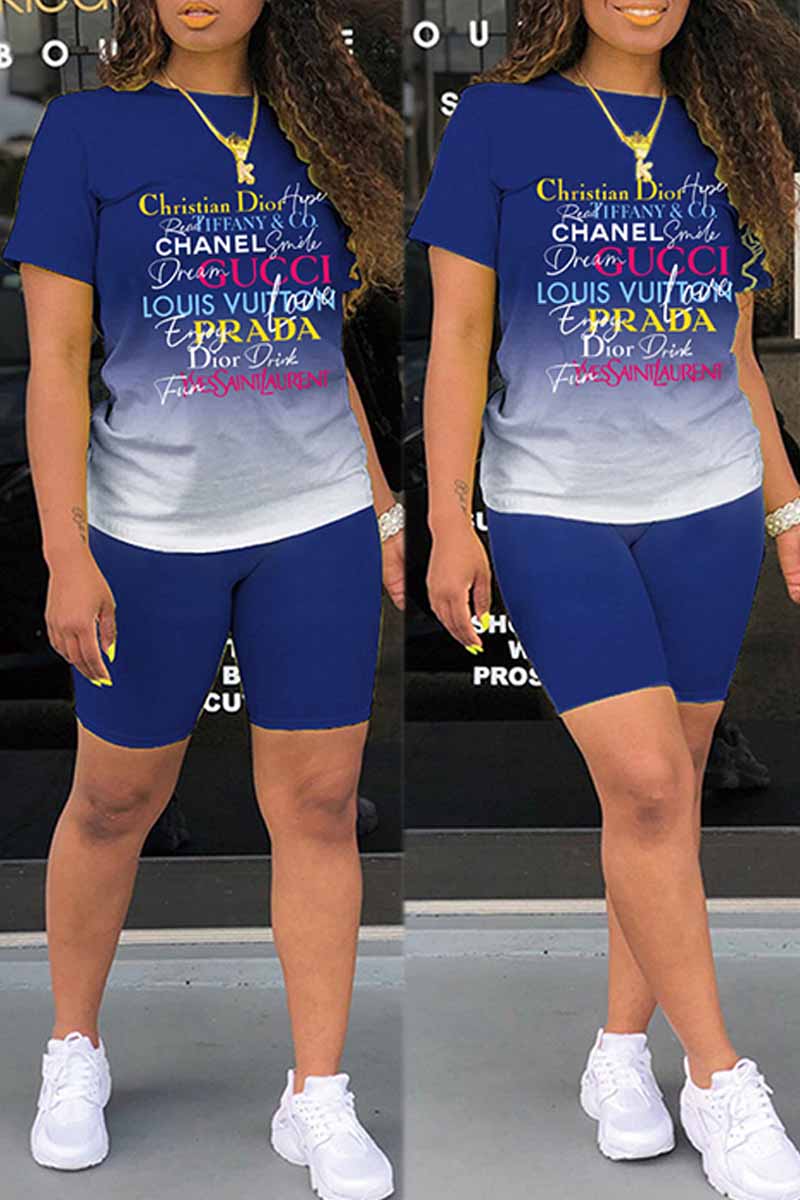 

Blue Casual Print Letter O Neck Short Sleeve Two Pieces