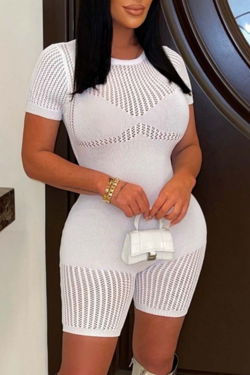 White Casual Solid Basic O Neck Short Sleeve Skinny Romper