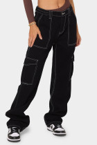 Black Casual Street Solid Patchwork Pocket High Waist Cargo Denim Jeans