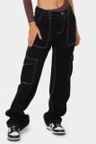 Djupblå Casual Street Solid Patchwork Pocket Jeans med hög midja