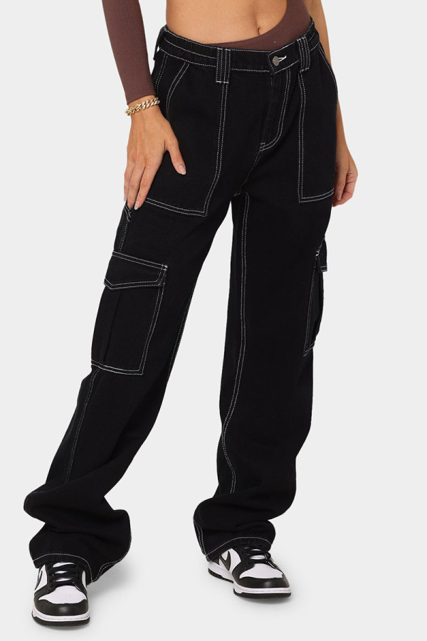 Zwarte casual street solid patchwork jeans met zak en hoge taille