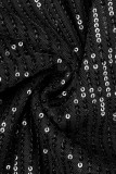 Schwarzes, sexy, festes Pailletten-Patchwork durchsichtige Spaghetti-Träger-Riemenkleid-Kleider