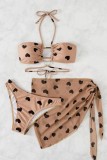 Khaki Sexy Print Bandage Backless Swimsuit Three Piece Set (With Paddings)