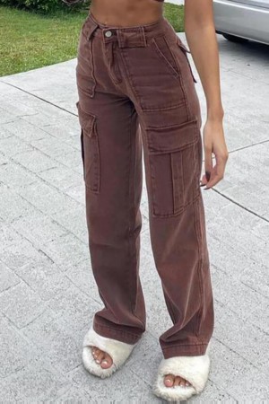 Brown Casual High Waist Straight Leg Cargo Denim Jeans