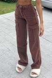 Коричневые повседневные прямые джинсовые джинсы с высокой талией из однотонной ткани в стиле пэчворк