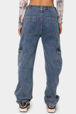Jeans jeans azul cinza casual street sólido patchwork bolso cintura alta