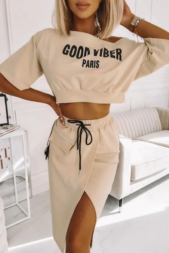 Khaki Casual Letter Print Basic Oblique Collar Plus Size Two Pieces