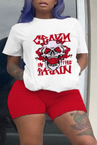 Red Street Print Skull O Neck Plus Size Two Pieces