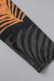 Black Sexy Print Patchwork See-through O Neck Pencil Skirt Plus Size Three Pieces