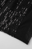 Svarta sexiga solida paljetter Patchwork Genomskinliga Spaghetti Strap Sling Dress Klänningar
