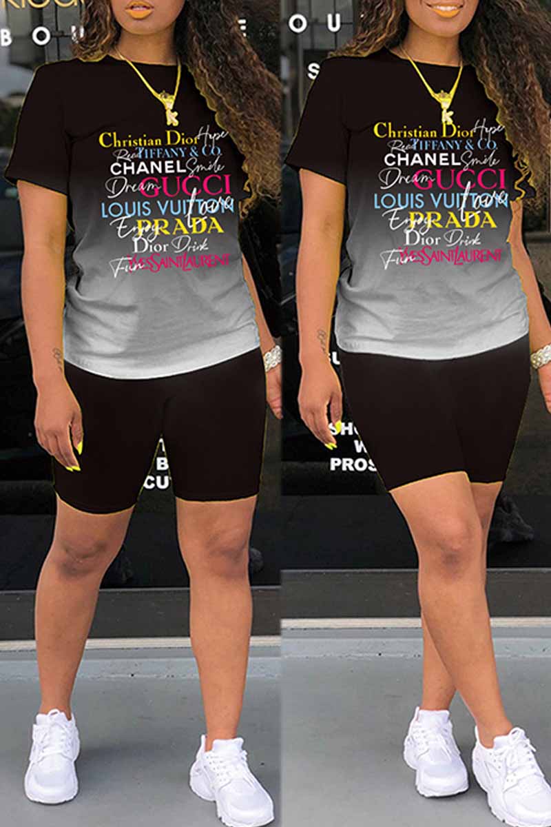 

Black Casual Print Letter O Neck Short Sleeve Two Pieces