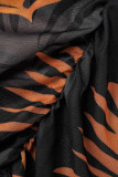 Falda de lápiz con cuello en O transparente de patchwork con estampado sexy negro de talla grande de tres piezas