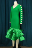 Grön Elegant solid urholkad lapptäcke Volang V-hals aftonklänning klänningar