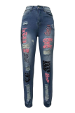 Blue Casual Patchwork Ripped High Waist Harlan Denim Jeans