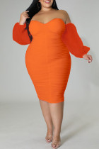 Tangerine Red Sexy Solid Patchwork Off the Shoulder One Step Skirt Plus Size Dresses