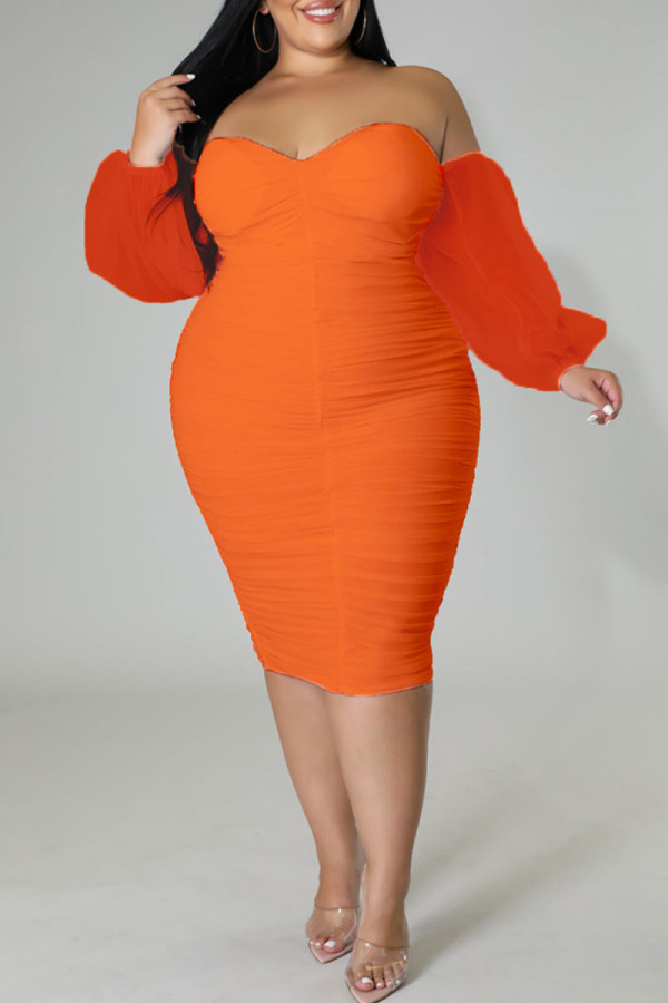 Tangerine Red Sexy Solid Patchwork Off The Shoulder One Step Jupe Plus Size Robes