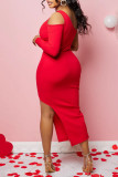 Red Sexy Solid Patchwork Asymmetrical Oblique Collar Irregular Dress Dresses