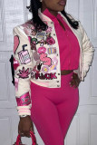 Pink Street Print Patchwork Buckle Outerwear