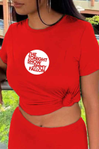 Röd Street Print Patchwork Bokstaven O-hals T-shirts