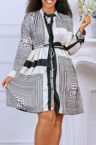 Stripe Casual Print Patchwork Buckle Mandarin Collar Straight Dresses