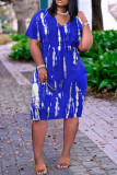 Blaues, lässig bedrucktes Kleid mit Patchwork-Tasche und V-Ausschnitt, Kleider in Übergröße