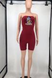 Burgundy Sexy Print Patchwork Strapless Skinny Rompers