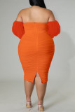 Tangerine Red Sexy Solid Patchwork Off the Shoulder One Step Skirt Plus Size Dresses