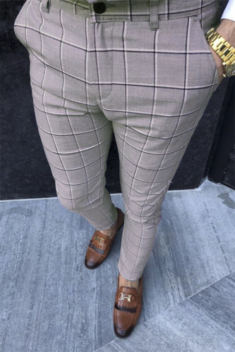 Pantaloni stampati a vita media a matita scozzese da lavoro alla moda grigio chiaro