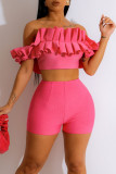 Rose Red Sexy Solid Patchwork Fold Off the Shoulder Manga corta Dos piezas