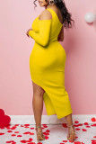 Vestido irregular de cuello oblicuo asimétrico de patchwork sólido sexy amarillo Vestidos