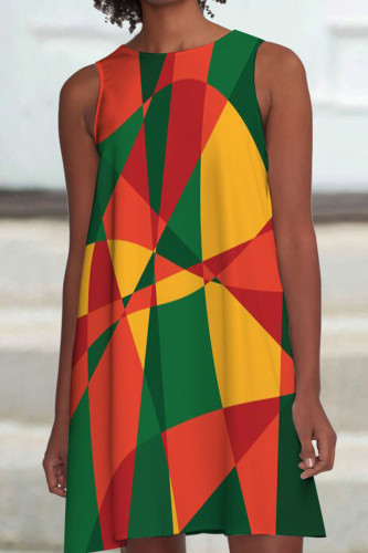 Red Green Casual Print Patchwork O Neck Straight Dresses