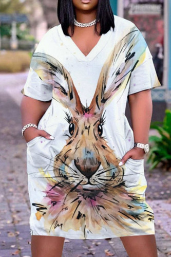 White Khaki Casual Print Patchwork V Neck Printed Dress Dresses