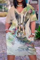 Grijsgroene casual print patchwork jurk met V-hals en print