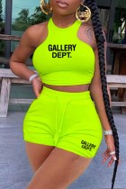 Fluorescent Green Casual Print Letter O Neck Sleeveless Two Pieces