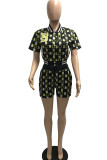 Black Casual Print Patchwork Buckle Short Sleeve Two Pieces