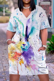 Цветное повседневное платье с принтом в стиле пэчворк и V-образным вырезом Платья Платья