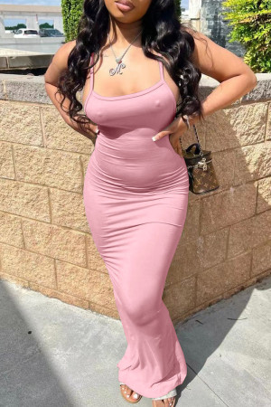 Pink Sexy Solid Patchwork Slit Spaghetti Strap Pencil Skirt Dresses