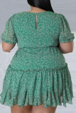 グリーン カジュアル プリント パッチワーク O ネック ケーキ スカート プラス サイズ ドレス