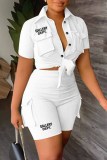 Blanco Casual Street Print Letter Turndown Collar Manga corta Dos piezas